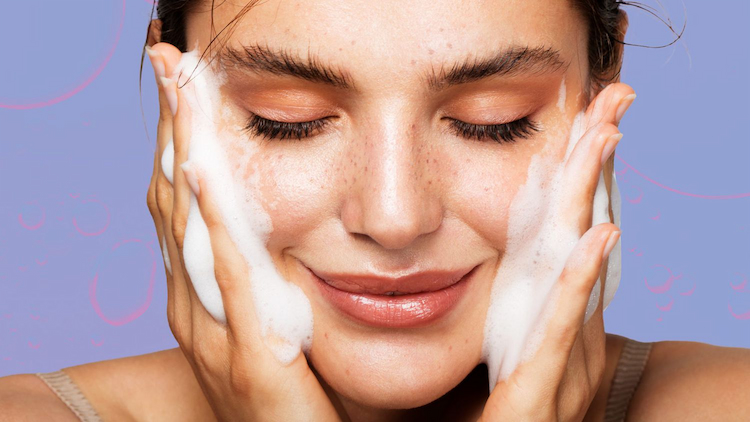 girl washing her face with natural soap