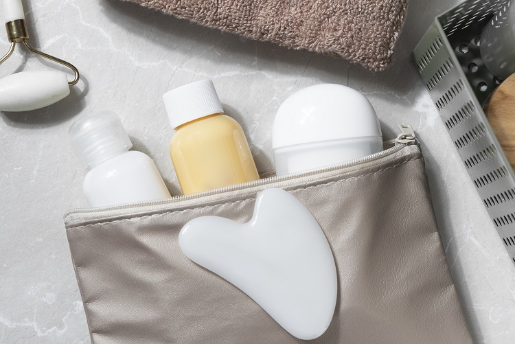 skincare products in the cosmetic bag